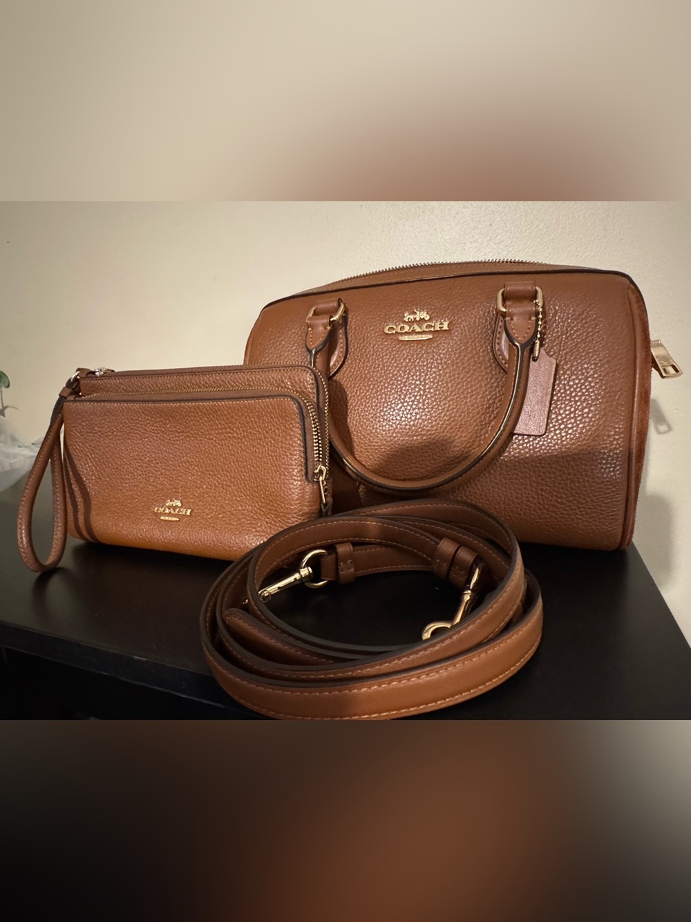 COACH Chestnut Brown Pebbled Leather Satchel with Wallet and Strap